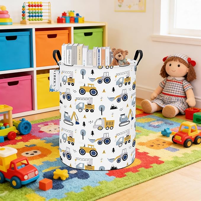 Round Foldable Laundry Hamper Kids Forest Vehicles Excavator Boys Gift Basket Suitable For Home Decoration and Toy Storage(Excavator)