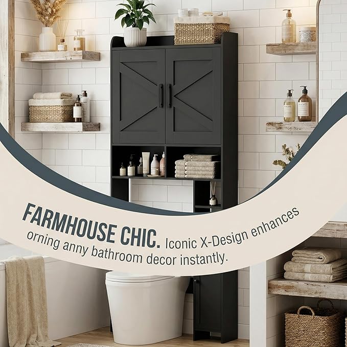 Homhedy Over The Toilet Storage Cabinet with 2 Barn Door and Toilet Paper Holder Stand, FreeStanding Toilet Shelf Space Saver, for Bathroom, Restroom, Laundry, Black