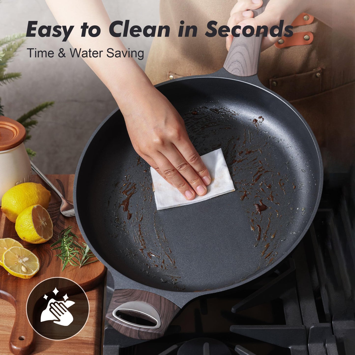 SENSARTE 9.5inch Ceramic Nonstick Frying Pan Paella Pan with Lid, Taupe