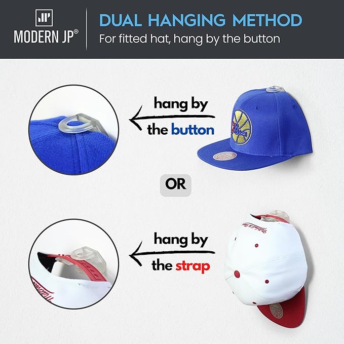 Modern JP Adhesive Hat Hooks for Wall (8-Pack) - Hat Rack for Baseball Caps, Minimalist Hat Display, Strong Hold Hat Hangers for Wall - USA Patented, Clear