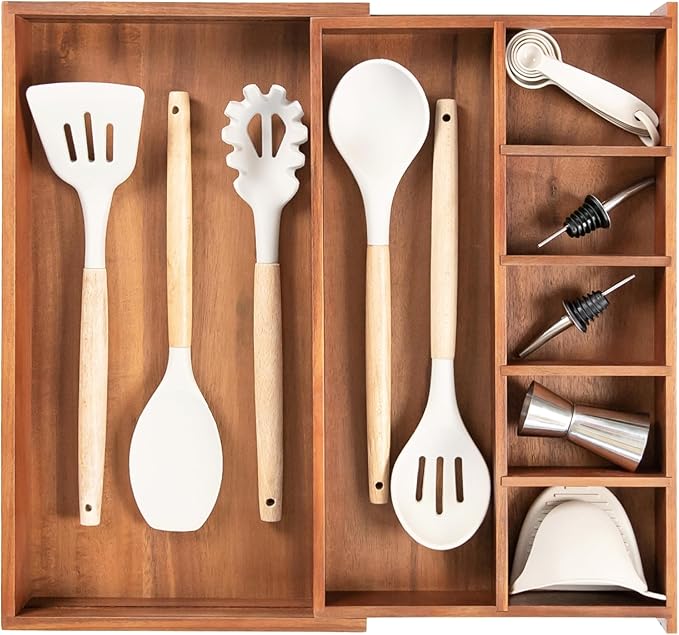 KitchenEdge Utensil & Junk Drawer Organizer, 19-33 in, White Bamboo