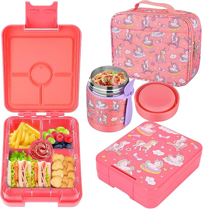Bento Lunch Box Set for Kids with 10oz Soup Thermo, Leak-Proof Lunch Containers with 4 Compartment, Kids Thermo Hot Food Jar and Insulated Lunch Bag for Kid to School,BPA-Free(Dragon)