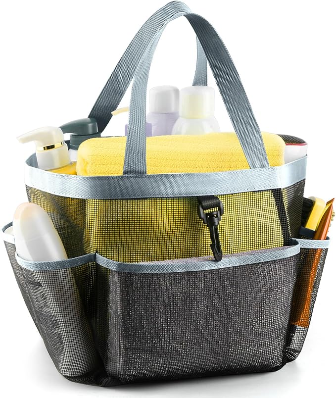 Mesh Shower Caddy Portable for College Dorm Room Essentials with 8 Pockets,Shower Bag for Beach,Swimming,Gym,Travel,Bathroom(Grey)