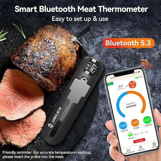 JUELICH Smart Wireless Meat Thermometer with Ultra-Thin Probe, 820FT Unlimited Range Bluetooth Meat Thermometer, Digital Food Thermometer for Remote Monitoring of BBQ Grill, Oven, Air Fryer