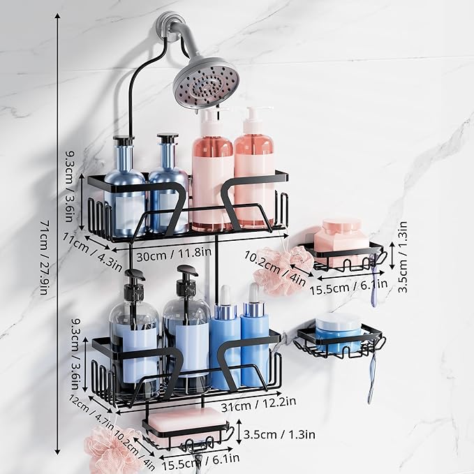 KEGII EXTRA Soap Holders x2 Shower Caddy Hanging, Never Rust Over Showerhead Organizer, Built in 9 Shaver Hanging hooks