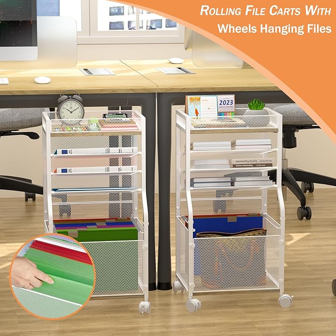 5-Tier Rolling File Cart with Hanging File Folders, Mobile Desk File Organizer on Lockable Wheels, Wood & Mesh Paper Letter Sliding Trays Organization for Office, Home, School, Patent