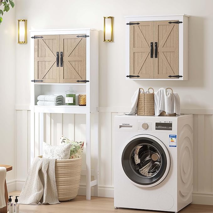 Spirich Bathroom Wall Cabinet Over Toilet, Farmhouse Wall Mounted Medicine Cabinet Organizer with Wood Grain Barn Doors and Adjustable Shelves