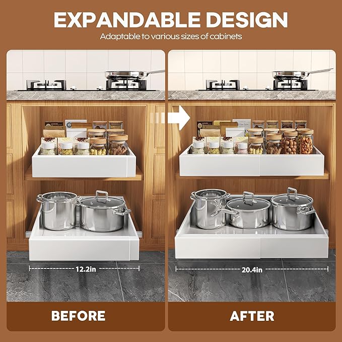 1 Pack Expandable Pull Out Cabinet Organizer 21" Deep with Raising Pad for Framed Cabinets,Upgrade 3 Slide Rails Slide Out Drawers,Roll Out Shelves Adhesive,Adjustable Width 12.05"-20.4"White
