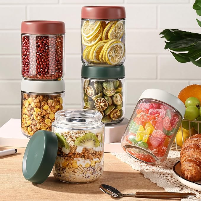 DIMBRAH Overnight Oats Containers with Lids, Mason Jars 16oz with Lids - Set Of 6, Practical Oatmeal Container to Go, Chia Seed Pudding Jars