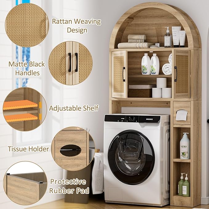 Spurgehom Over The Toilet Storage Cabinet, Bathroom Shelf Organizer Freestanding, Bathroom Arch Cabinet Over Toilet with Toilet Paper Holder and Anti-Tipping Device (Wood & Wicker Door)