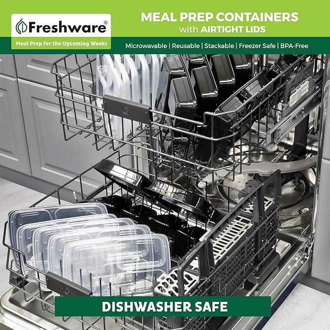 Freshware Meal Prep Containers [150 Pack] 3 Compartment with Lids, Food Storage Containers, Bento Box, BPA Free, Stackable, Microwave/Dishwasher/Freezer Safe (24 oz)