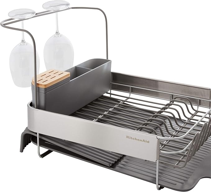 KitchenAid Compact to Full Size Expandable, Rust Resistant Satin Coated Dish Rack with Angled Self Draining Drain Board and Removable Flatware Caddy, 24-Inch, Charcoal