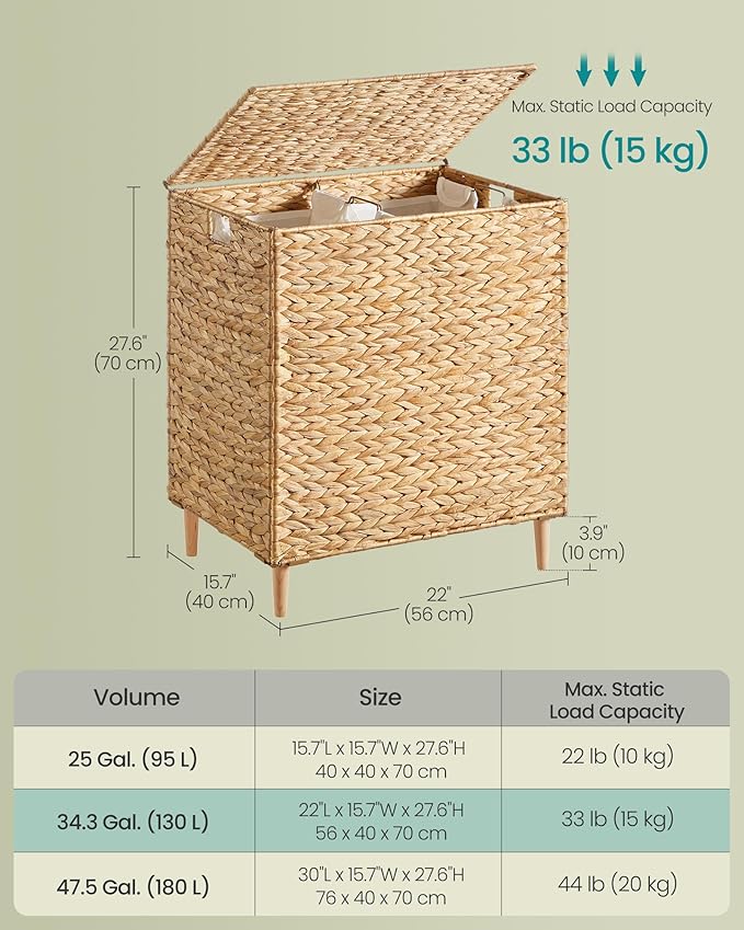 SONGMICS Laundry Hamper 2 Sections, 34.3 Gal. (130 L) Handwoven Water Hyacinth Wicker Laundry Basket with Lid, Natural Material, Removable Machine Washable Liners, Handles, Natural ULCB202Y01