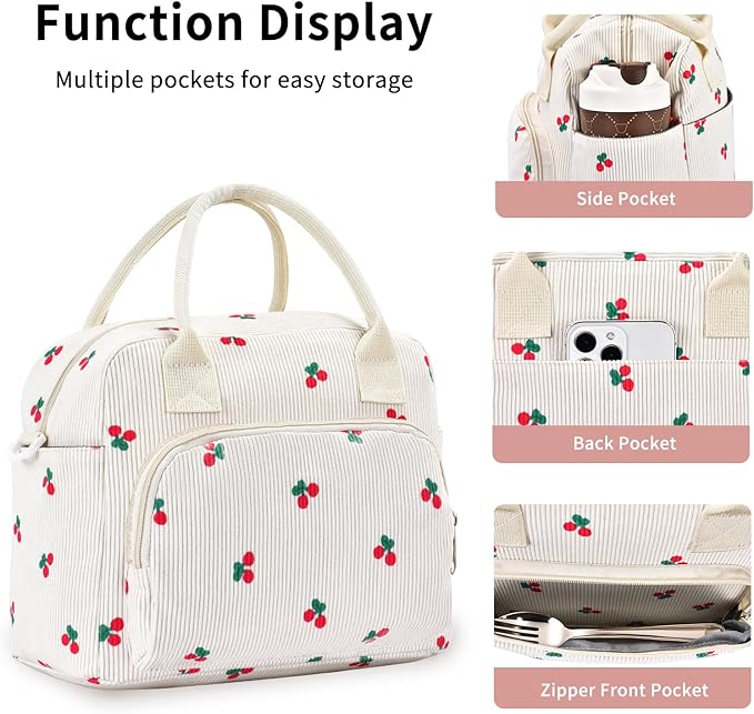 Lunch Bag Women Lunch Box for Women Adult Cute Insulated Lunch Bag Lager Cooler Lunch Tote Bags for Work Picnic (Beige-Cherry)