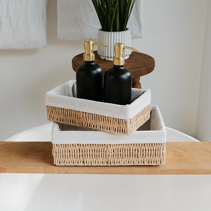 Beautiful Toilet Paper Storage Basket Set of 2 – Decorative Wicker Bathroom Organizer for Toilet Tank Trays - Quality Holder Bin for Shelves Fits Perfectly with Any Bathroom Decor
