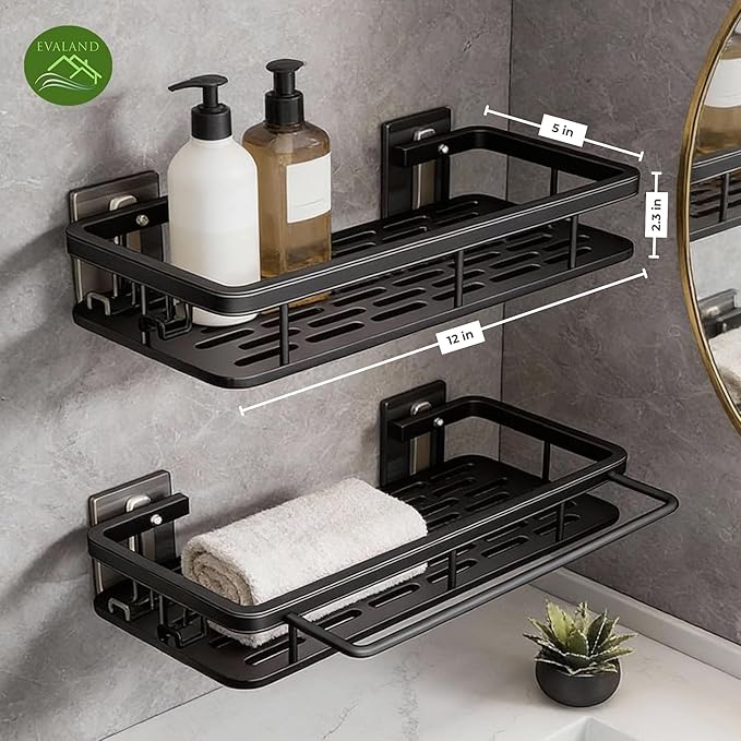 EVALAND Shower Caddy Adhesive 2-Pack with Hooks and Rod for Towels, Black – Premium Bathroom Shower Shelves, Shampoo Organizer, Bathtub Shelf, Rustproof, Easy Installation, Sturdy Modern Look