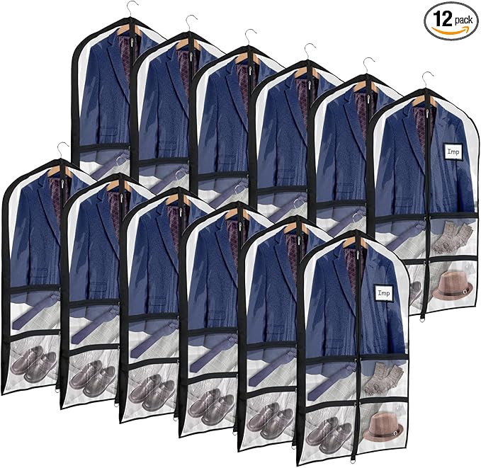 Univivi Clear Black PVC Dance Costume Bags (12 Pack) Garment Bag 40 Inch for Dance Competitions, with 4 Medium Clear Zipper Pockets and 1 Large Back Zippered Pocket [Upgraded Version]