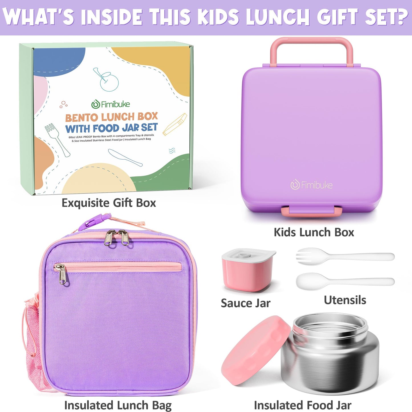 Fimibuke 60oz Kids Bento lunch Box with Insulated Lunch Bag & 8.5oz Thermo