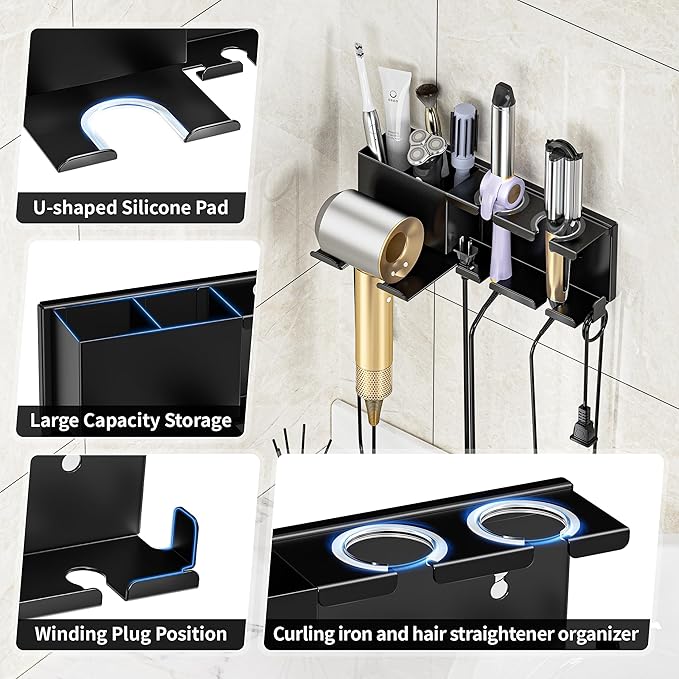 Hair Dryer Holder, Hair Tool Organizer, Blow Dryer Hanger Wall Mount for Dryer Hook, Bathroom Space-Saving Blow Dryer Organizer, Curling Irons Storage Wall Mounted