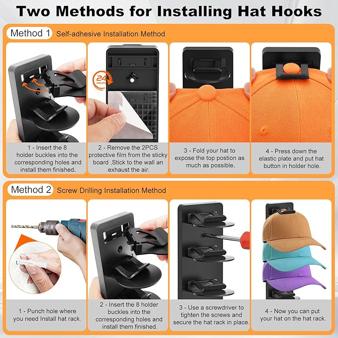 2 Pack Hat Organizer for Baseball Caps, Hat Rack for Wall Hold Up 16 Hats, Strong Adhesive & Screw-in Cap Holder hat hangers for Closet Door & Bedroom