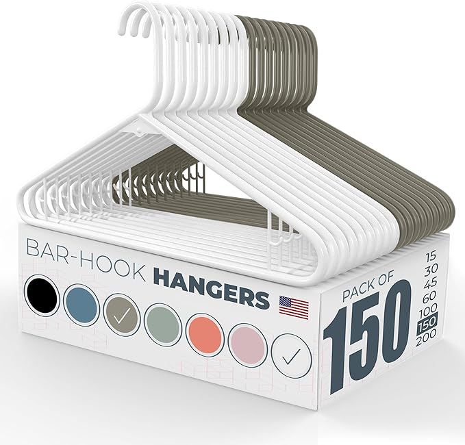 Neaties Plastic Hangers 100+ Pack (150 Count) – Made in The USA – 6lb Capacity Standard Clothes Hangers with Strap Hooks for Dresses, Lingerie, Shirts, Pants, and Jackets – White & Gray