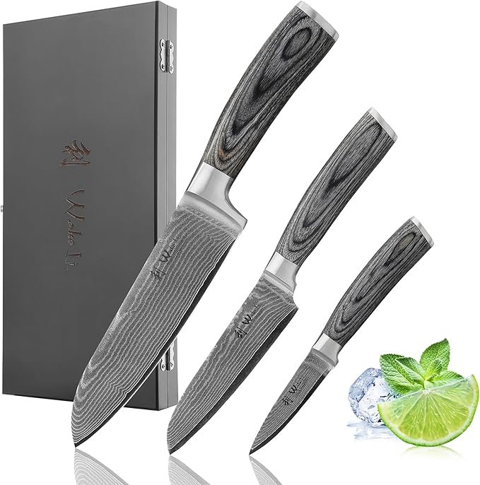 Wakoli EDIS Damascus Kitchen Knife Set, 4-Piece VG10 Core, Pakkawood Handle