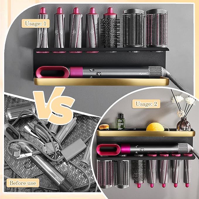 Airwrap Storage Holder Compatible with Dyson Airwrap Curling Iron Wall Mounted Storage Rack Holder for Home Organizer (with Comb) Gold
