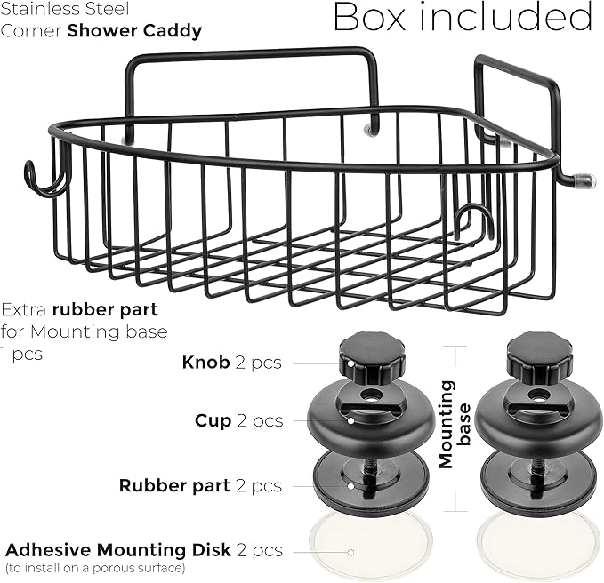 Corner Shower Caddy with Suction Cup Shower Shelf with Hooks, Stainless Steel Bathroom Caddy, Wall Mounted Shower Basket for Bathroom, Adhesive 3M Stick Discs Included (Black)