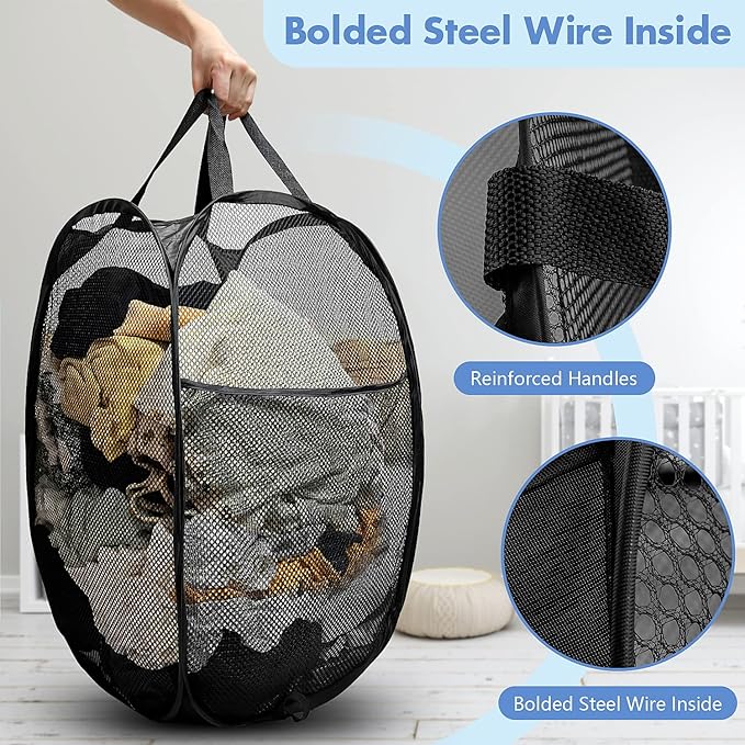 DUCOO Pop Up Hamper, 2 PCS Mesh Pop Up Laundry Hamper, Foldable Mesh Laundry Basket with Space-Saving Design for Home, Dorm, Travel & Storage - Black