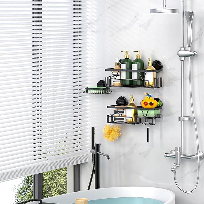 ZUNTO Suction Cup Shower Caddy - 3pcs Reusable Shower Shelf Organizers with Soap Holder and Hooks - No Drilling Bathroom Shelves for Shampoo