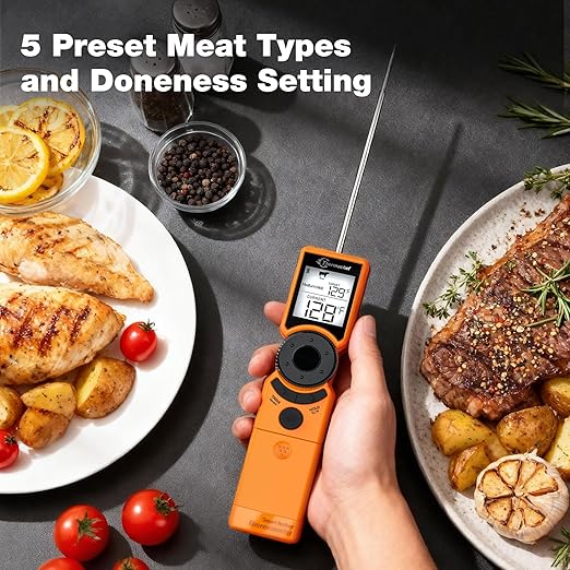 Thermochef Digital Meat Thermometer for Grill, Instant Read Food Thermometers for Cooking with Food Doneness Guide, Calibration and LCD Backlight Screen, High Accuracy ±1% ℉, BBQ Beef Candy Orange