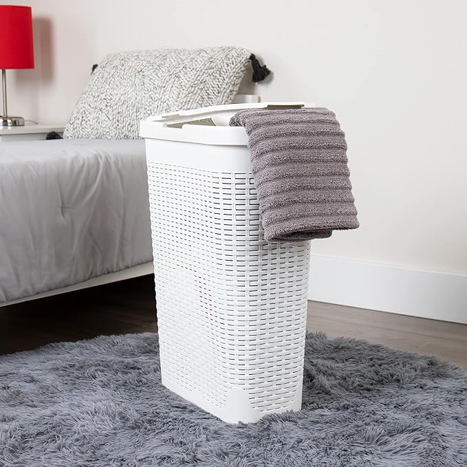 Mind Reader Slim Laundry Hamper with Lid, 40L Clothes Basket, Premium Wicker Design, Plastic, White