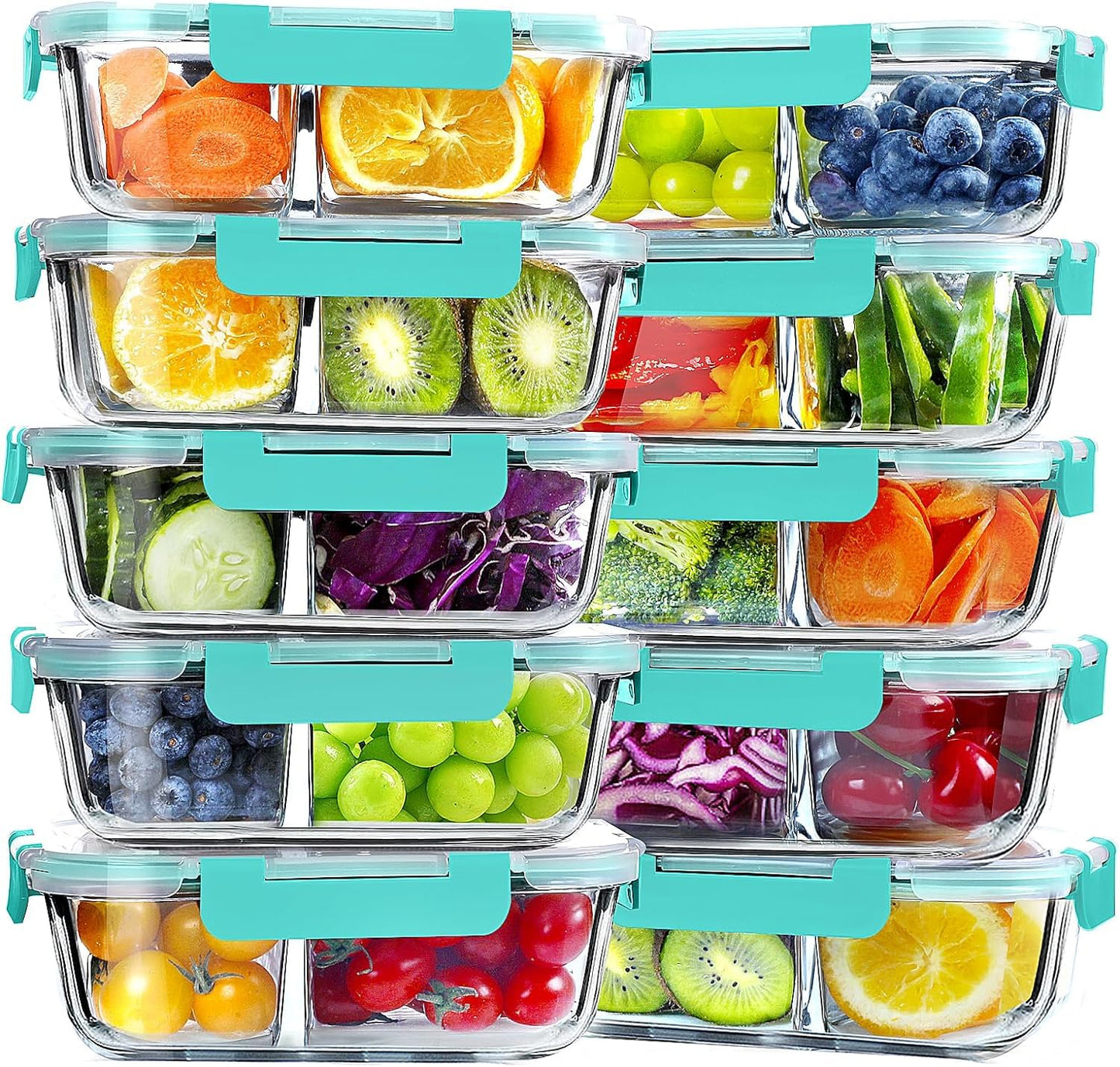 VERONES 10 PACK 30 OZ Glass Meal Prep Containers 2 Compartment Set, Red