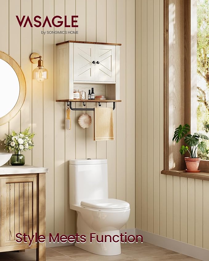 VASAGLE LIRY Collection - Bathroom Wall Cabinet, Farmhouse Wall-Mounted Medicine Storage Cabinet with 2 Barn Doors, Adjustable Shelf, Towel Bar, 7.9 x 18.1 x 24 Inches, Rustic White UBBK132W01S