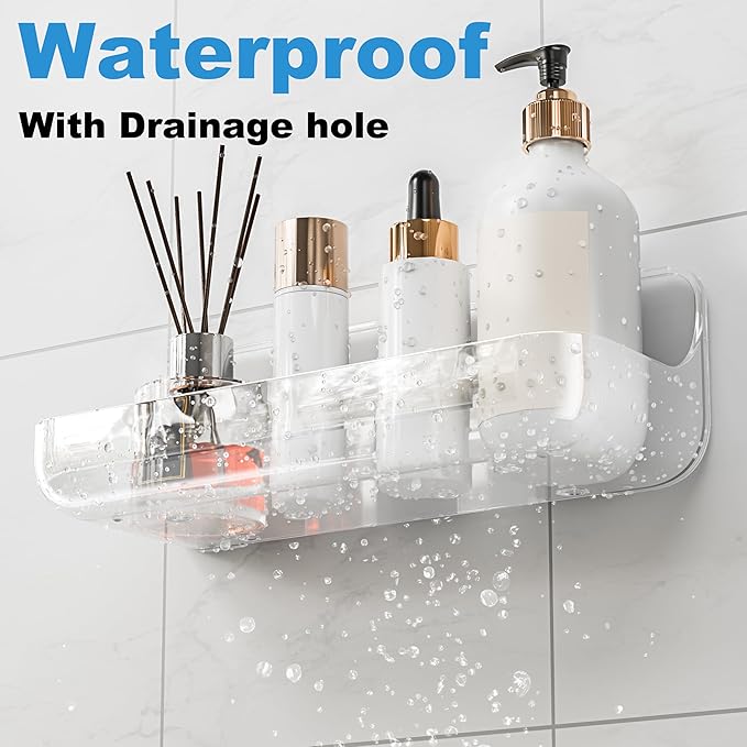 Adhesive Shower Caddy, 4 Pack Acrylic Bathroom Shelves, No Drill Wall Mount Organizer Storage Shelf