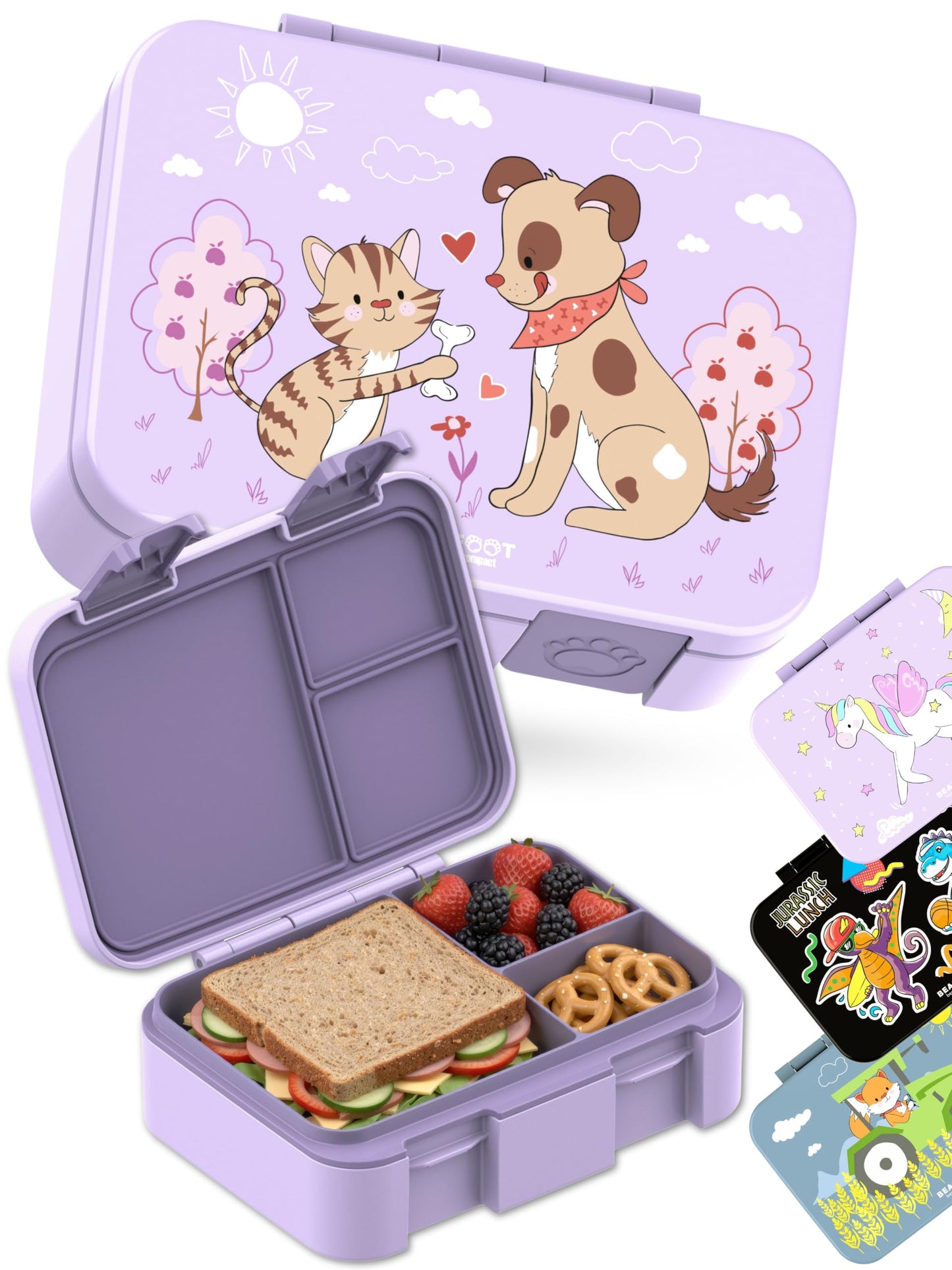 BEARFOOT Kids Lunch Box with Compartments – Compact & Lightweight | Leak-Proof, BPA-Free, Dishwasher Safe | Hand-Drawn Design for Preschool, School, Travel (Sticker Purple, 2.75 Cups)