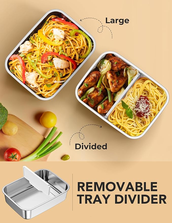 EAST OAK Stainless Steel Inner Container with Lid for Cordless Electric Lunch Box, 1.3L Meal Container for Portable Heated Lunch Box with Removable Tray Divider, Dishwasher Safe