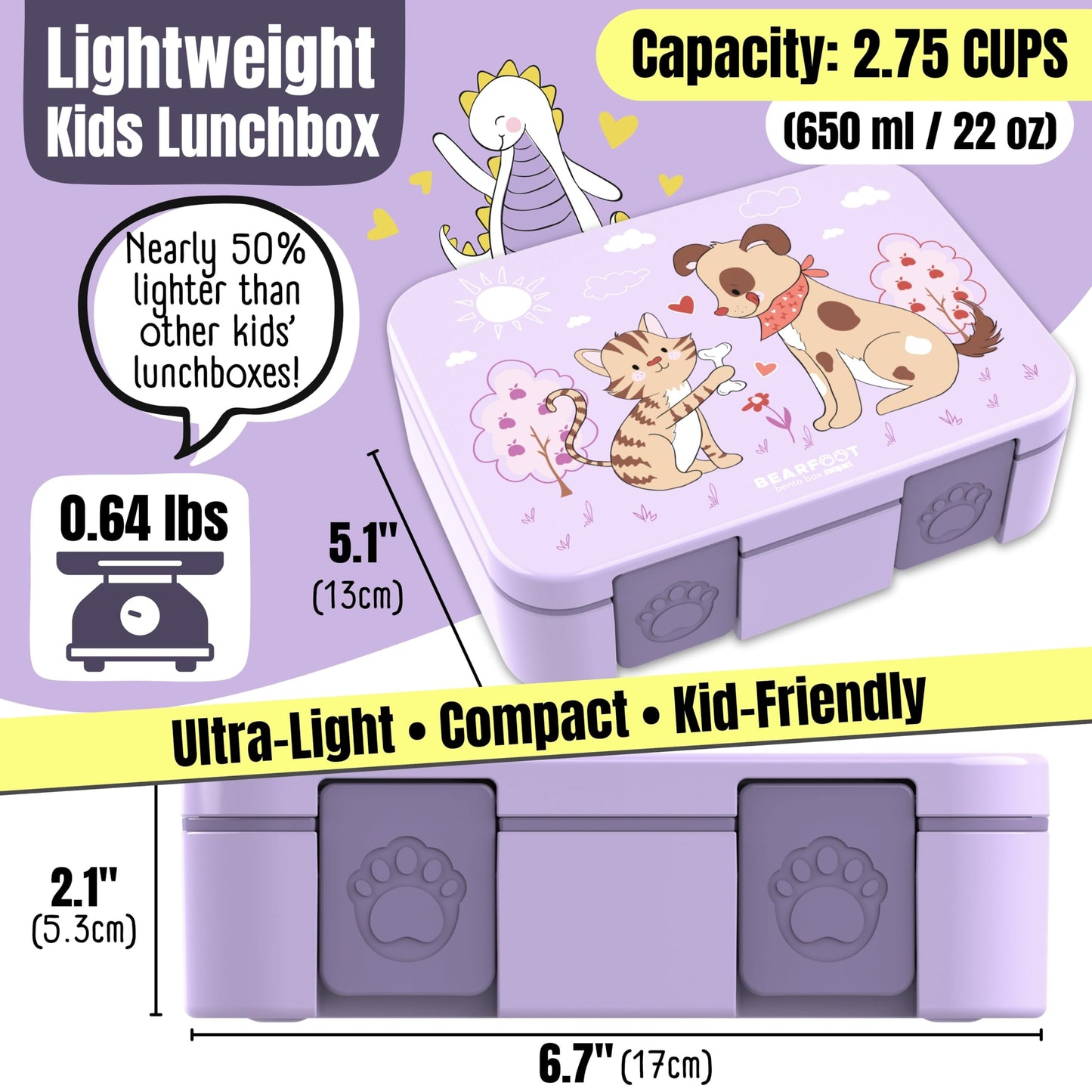 BEARFOOT Kids Lunch Box with Compartments – Compact & Lightweight | Leak-Proof, BPA-Free, Dishwasher Safe | Hand-Drawn Design for Preschool, School, Travel (Sticker Purple, 2.75 Cups)