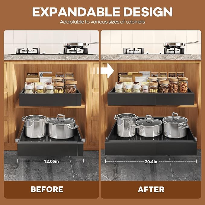 2Pack Expandable Pull Out Cabinet Organizer 21"Deep with Raising Pad for Framed Cabinets, Upgrade 3 Slide Rails Slide Out Drawers, Roll Out Shelves Adhesive,Adjustable Width 12.05"-20.4"Black