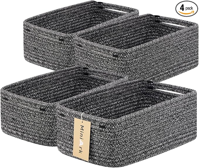 Small Storage Baskets for Organizing | Closet Organizer Bins | Shelf Toy Basket | Woven Rope Baskets | Cube Decorative Box | Shallow Basket | 13x8.5x5.1” | 4 Packs Dark Gray