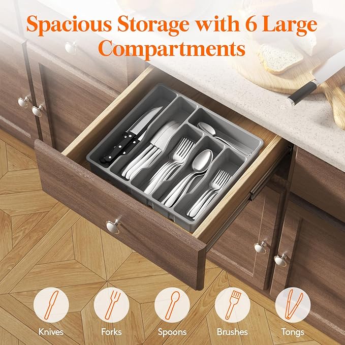 Lifewit Silverware Drawer Organizer Tray, Plastic Cutlery Storage for Kitchen, Flatware and Utensil Holder Divider for Spoons Forks Knives Tableware, 12.4 x 11.7", 6 Slots, Gray
