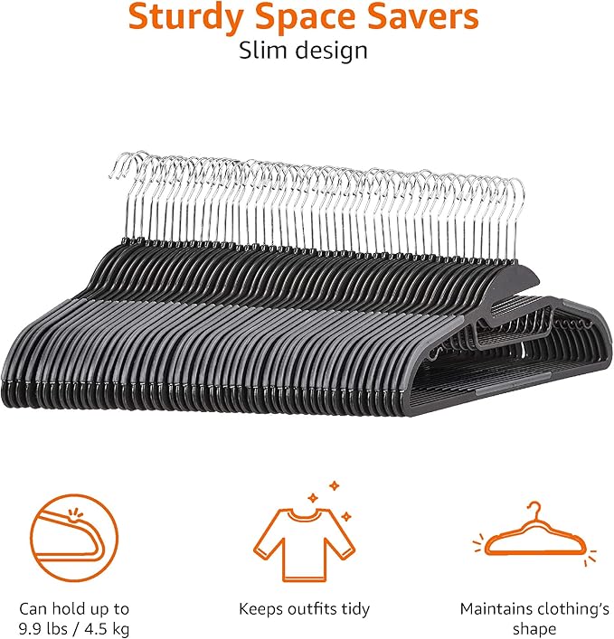 Amazon Basics Non-slip Heavy Duty Space Saving Plastic Hangers with Rubber and Horizontal Bar, Lightweight, Gray, Pack of 50