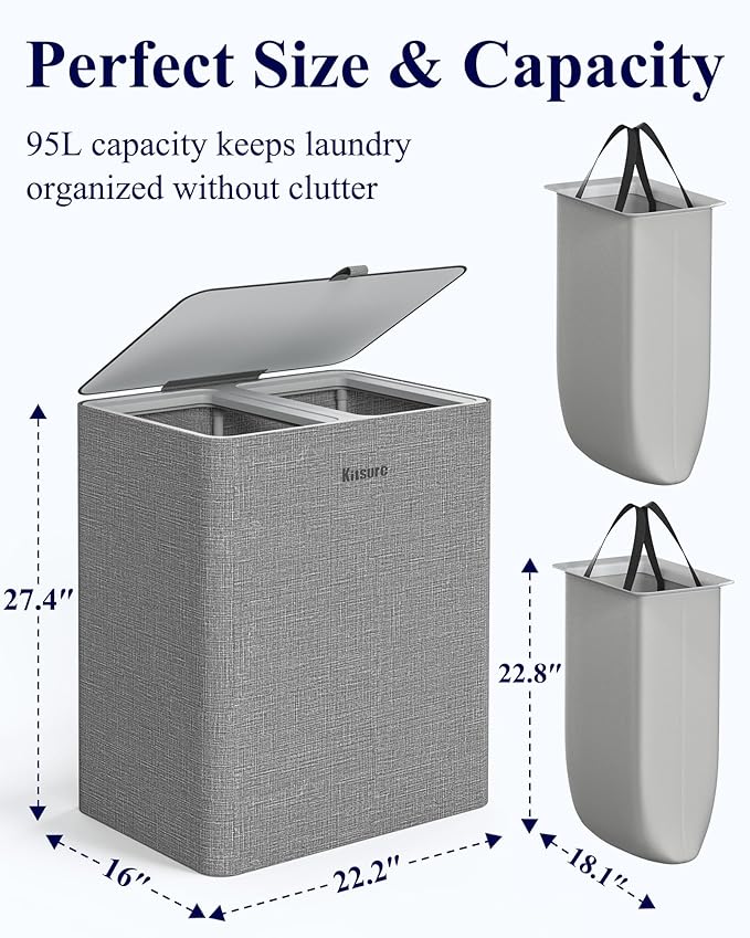 Kitsure Laundry Basket 95L – Large Laundry Hamper with Lid, 2-Compartment Divided Clothes Sorter with Removable Hamper Bags, Gray Organizer for Laundry Room, Bathroom & Bedroom, 22.2" x 16" x 27.4"