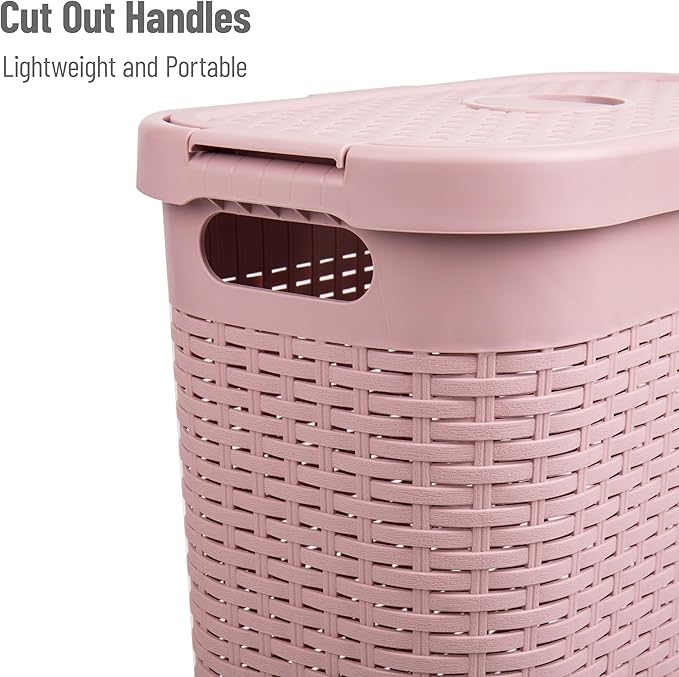 Mind Reader Slim Laundry Hamper with Lid, 40L Clothes Basket, Premium Wicker Design, Plastic, Pink