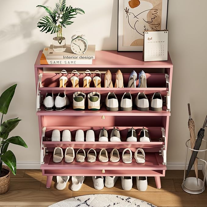 Shoe Storage Cabinet for Entryway with 2 Flip Drawers, Narrow Wood Shoe Cabinet with Fluted Panel, Freestanding Hidden Shoe Organizer for Foyer, Hallway (Pink - with Shelf)