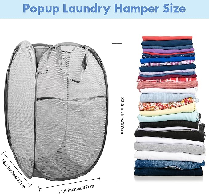 Pop Up Hamper, 2 PCS Mesh Pop Up Laundry Hamper, Foldable Mesh Laundry Basket with Space Saving Design for Home, Dorm, Travel and Storage, Gray