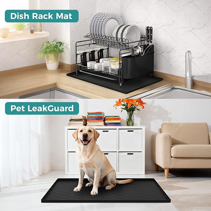 URMONA 34" x 19" Waterproof Silicone Mat in Multiple Sizes & Colors, Under Sink Mat for Kitchen & Bathroom, Pet Food Pad for Dogs & Cats, Kitchen Cabinet Liner, Multi-Purpose for Storage(Black)