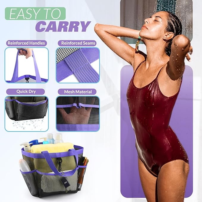 Mesh Shower Caddy Portable for College Dorm Room Essentials with 8 Pockets, Shower Bag for Beach, Swimming, Gym, Travel, Bathroom(Purple)