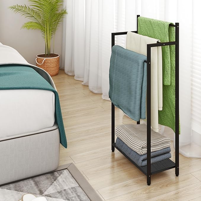 Freestanding Towel Rack, 3 Tier Blanket Ladder Stand with Black Wooden Shelf for Bathroom Living Room (31.5”H x 16.9”W x7.9”D)