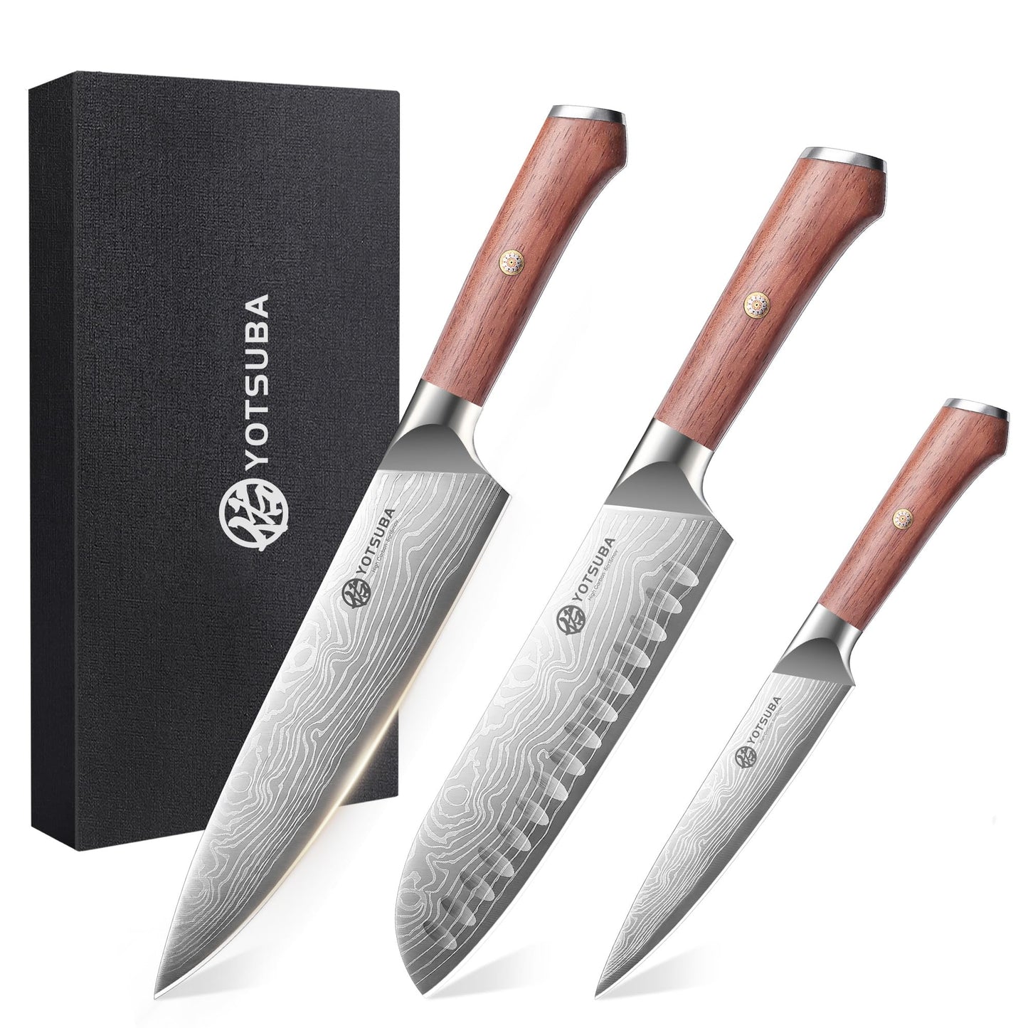 YOTSUBA 7PCS Japanese Kitchen Knife Set with Genuine Natural Rosewood Ergonomic Handle & Gift Box, Professional Ultra Sharp High Carbon Stainless Steel Knives for Cooking